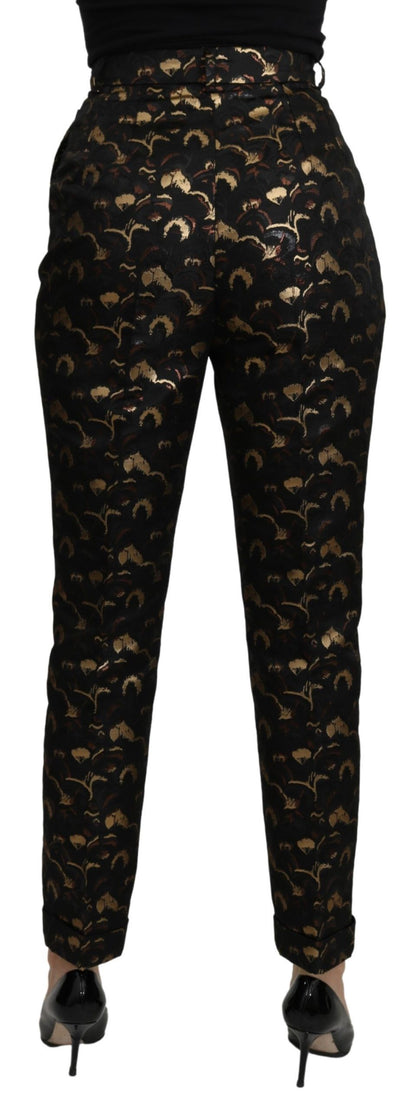 Luxurious high-waisted brocade pants with a stunning black and gold design