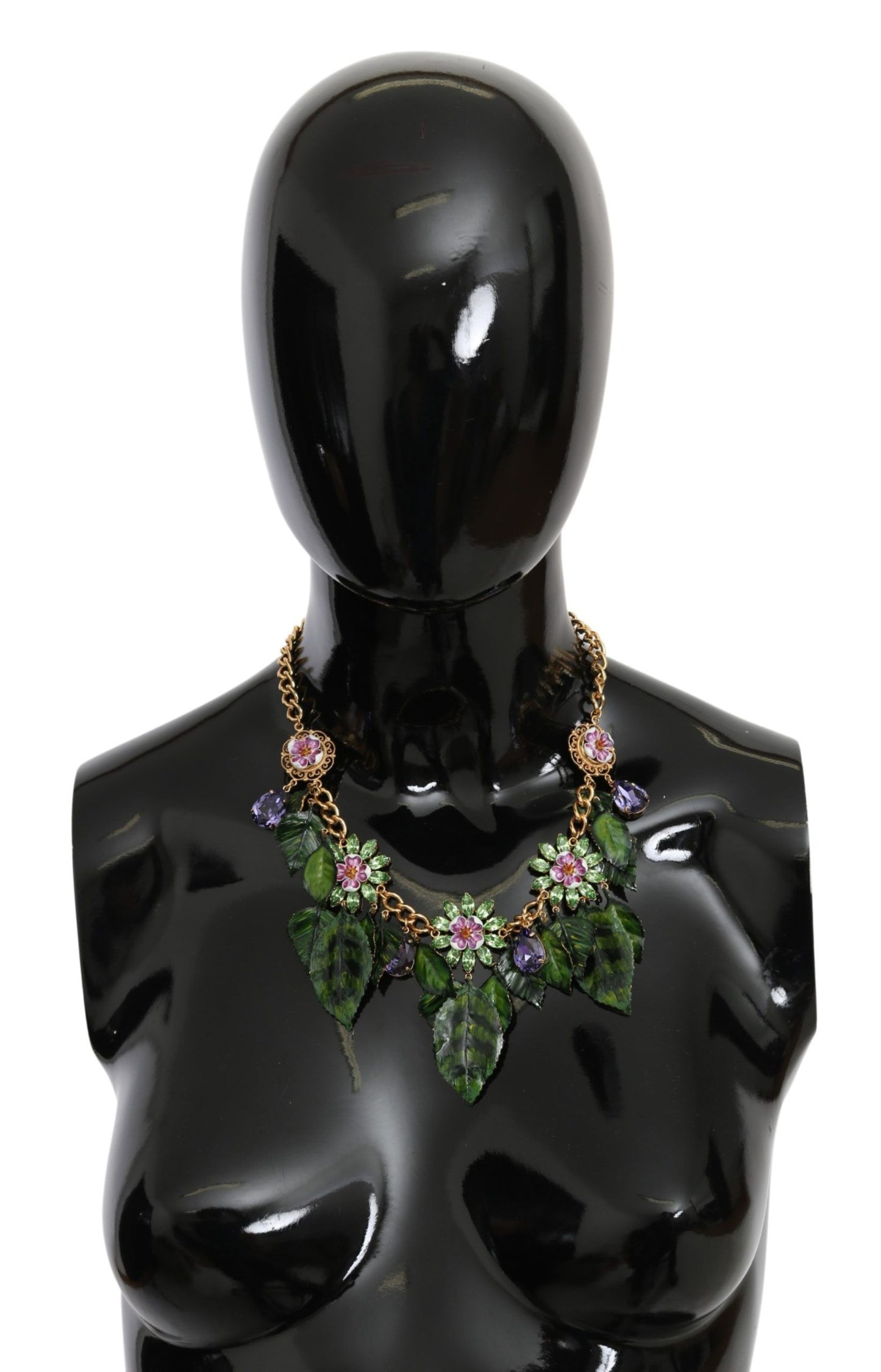 Dolce & Gabbana Elegant Crystal Charms Leaves Pendant Necklace in Gold-plated Brass with Green and Purple Crystals