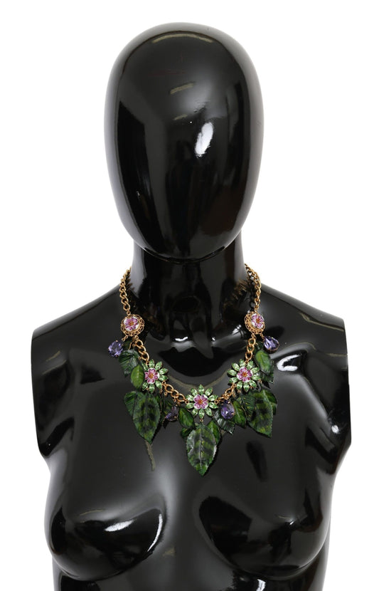 Dolce & Gabbana Elegant Crystal Charms Leaves Pendant Necklace in Gold-plated Brass with Green and Purple Crystals