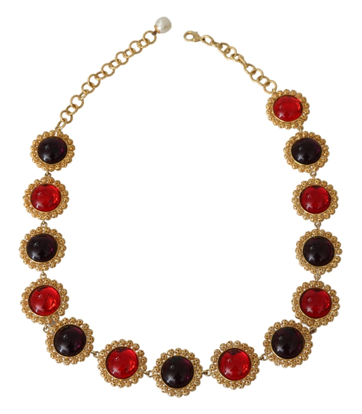 Italian-made necklace adorned with intricate red and purple crystals