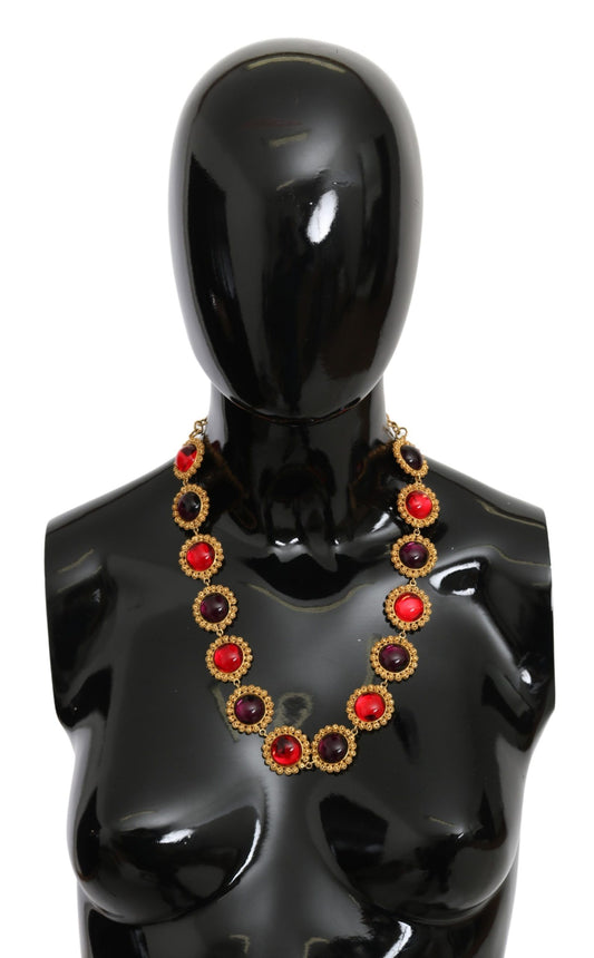 Dolce & Gabbana Elegant Crystal Charm Statement Necklace in Gold with Red and Purple Crystals