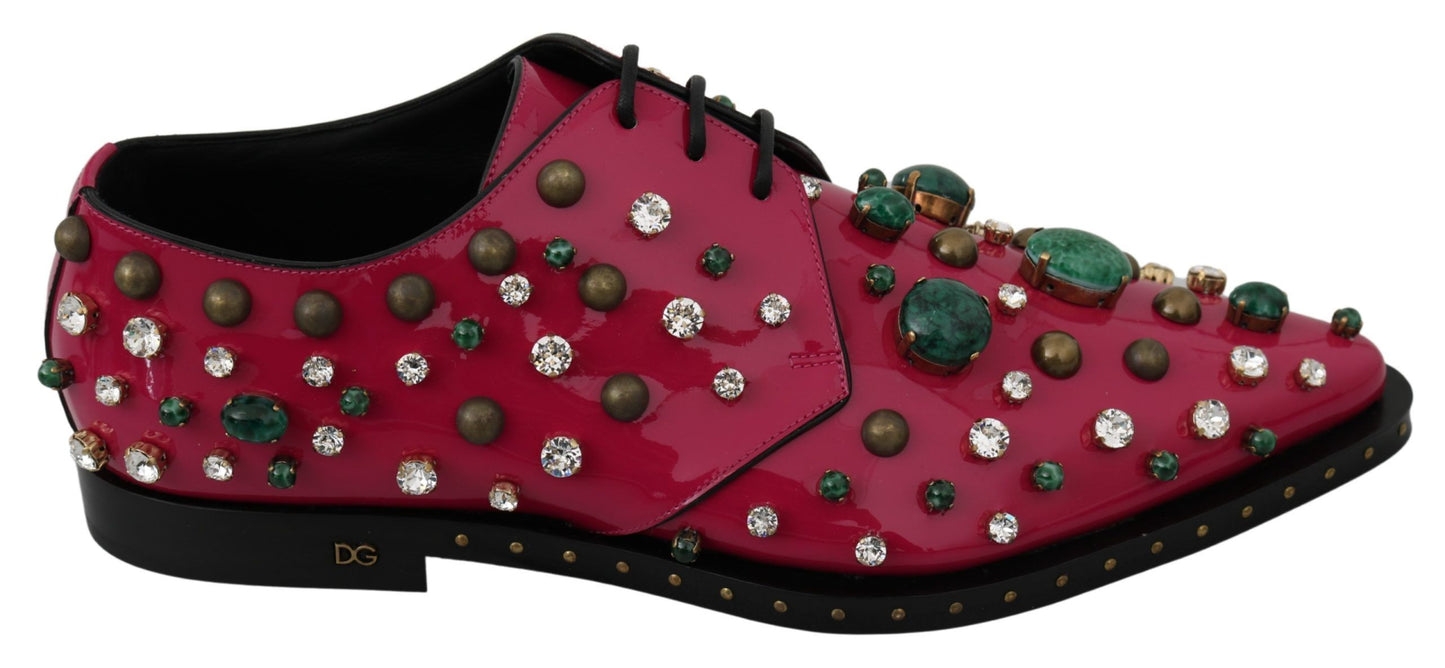 Exquisite fuchsia pink Dolce & Gabbana patent leather flats adorned with multicolor crystals