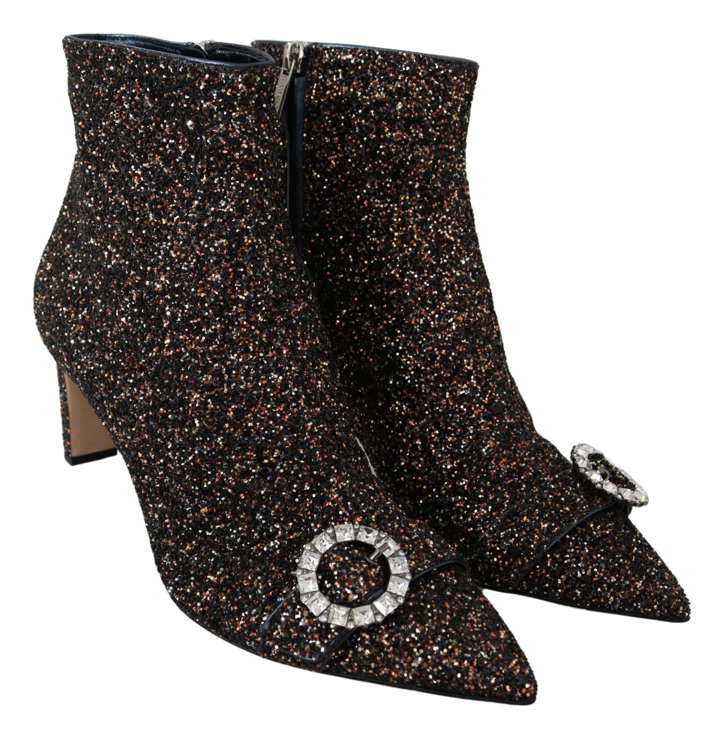 Luxurious brown leather and glitter boots with pointed toe, side view