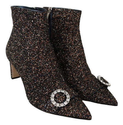 Luxurious brown leather and glitter boots with pointed toe, side view