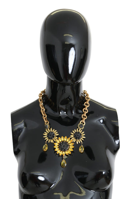 Dolce & Gabbana Elegant Gold Floral Crystal Statement Necklace in Brass and Crystals
