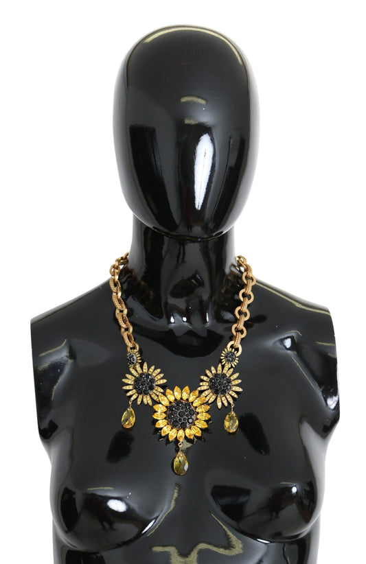 Dolce & Gabbana Elegant Gold Floral Crystal Statement Necklace in Brass and Crystals