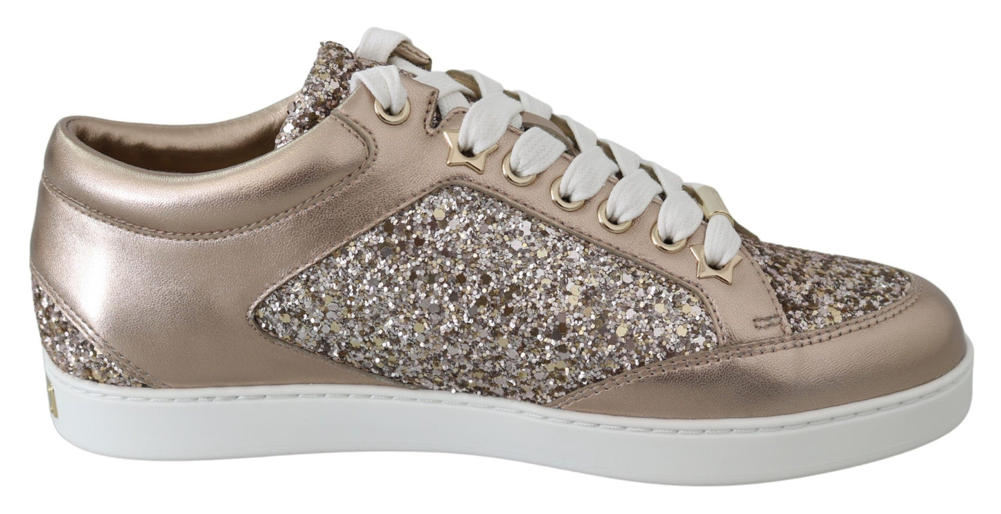 Jimmy Choo Ballet Pink Glitter Leather Sneakers with Gold Metallic accents