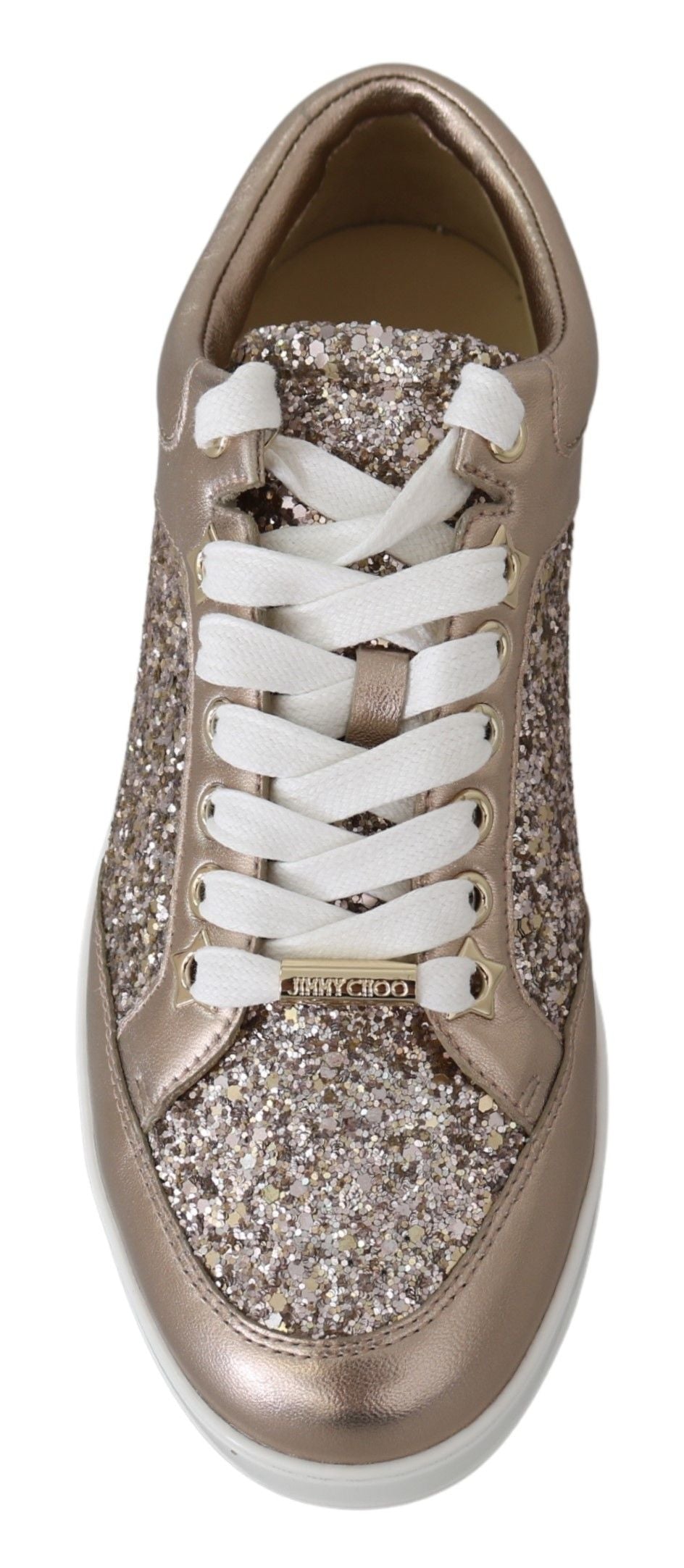 Luxurious 100% Leather sneakers from Jimmy Choo with Glitter Metallic accents