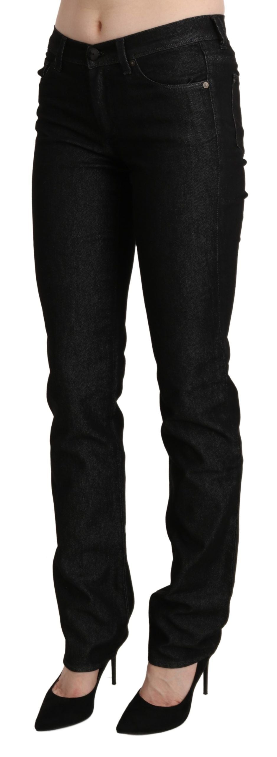 High-quality black denim jeans with a sleek mid waist design