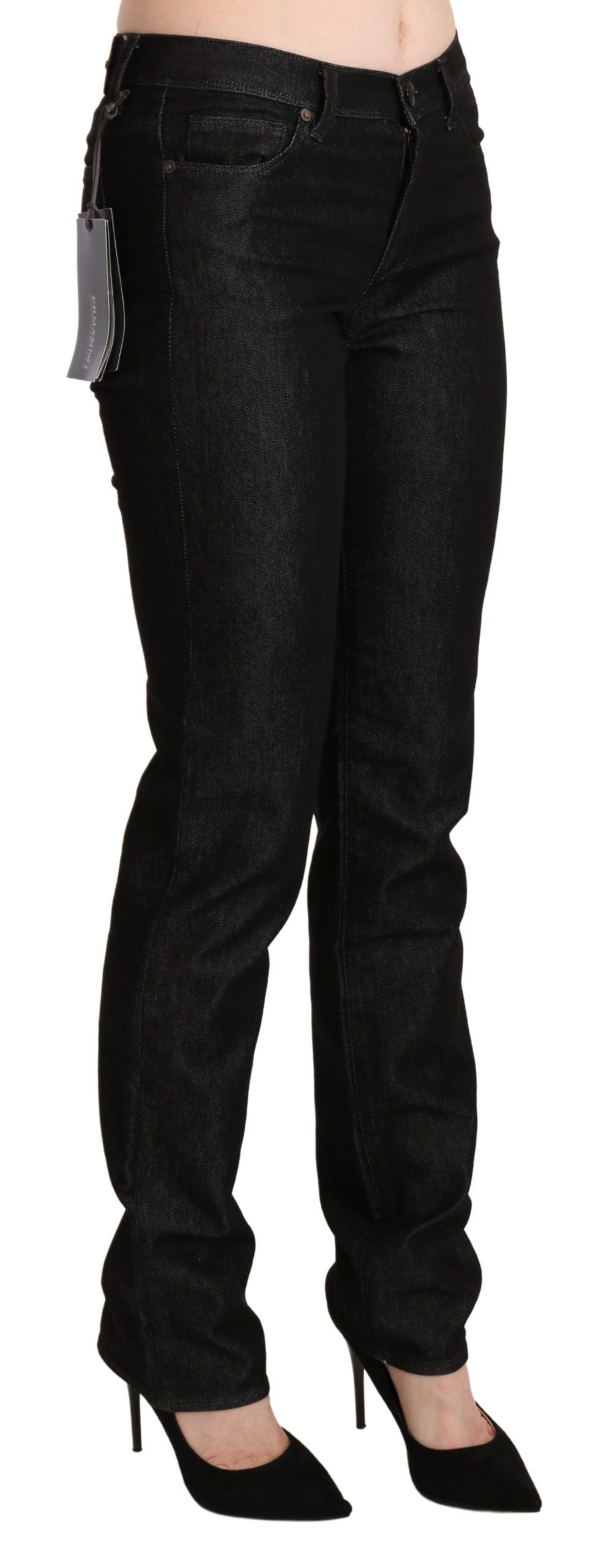 Black mid waist skinny jeans with zipper closure and elegant logo details