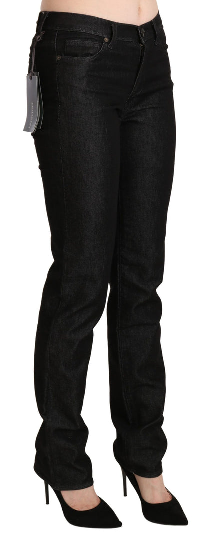 Black mid waist skinny jeans with zipper closure and elegant logo details