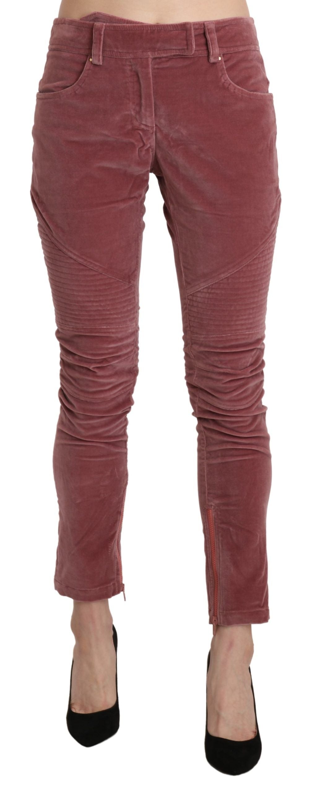 Vibrant red mid waist skinny trousers crafted with superior quality cotton