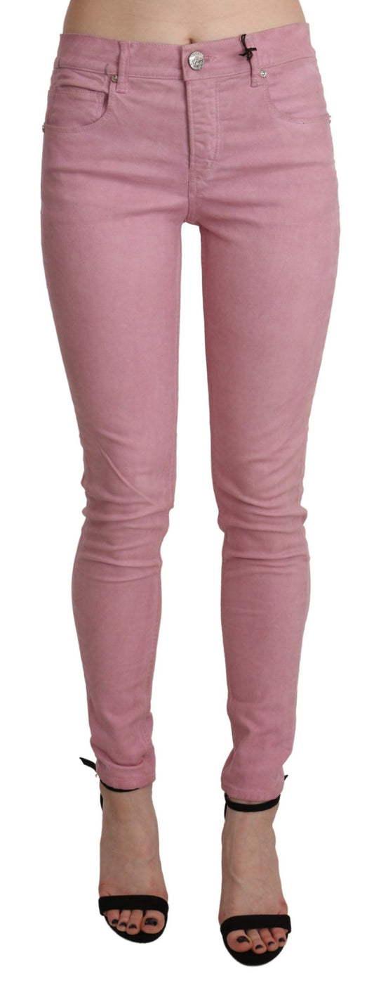 Mid Waist Skinny Jeans in rich pink hue with zipper closure and logo details