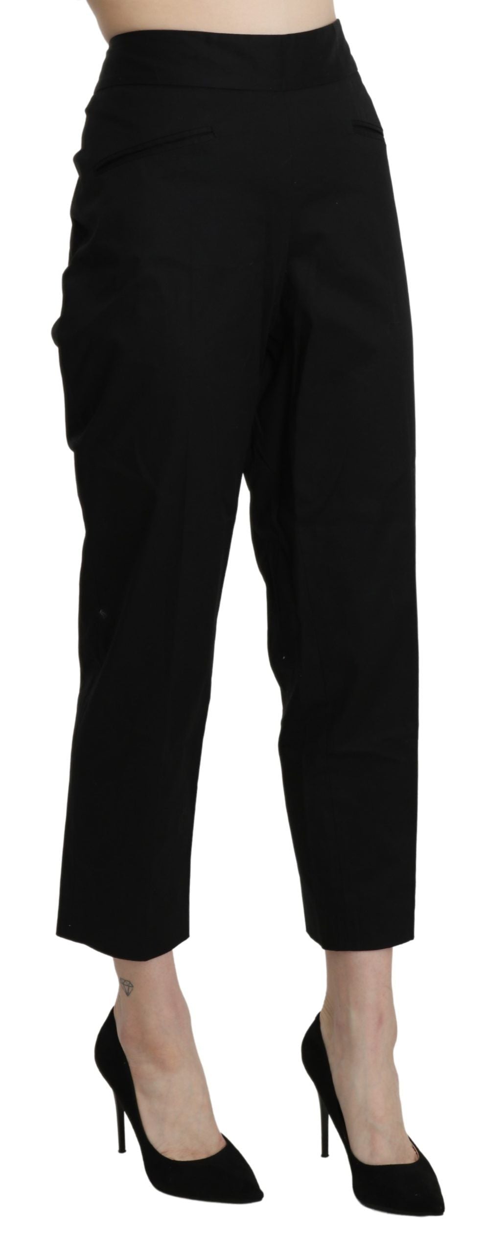 Sophisticated high waist cropped pants in sleek black color, made from authentic Italian cotton