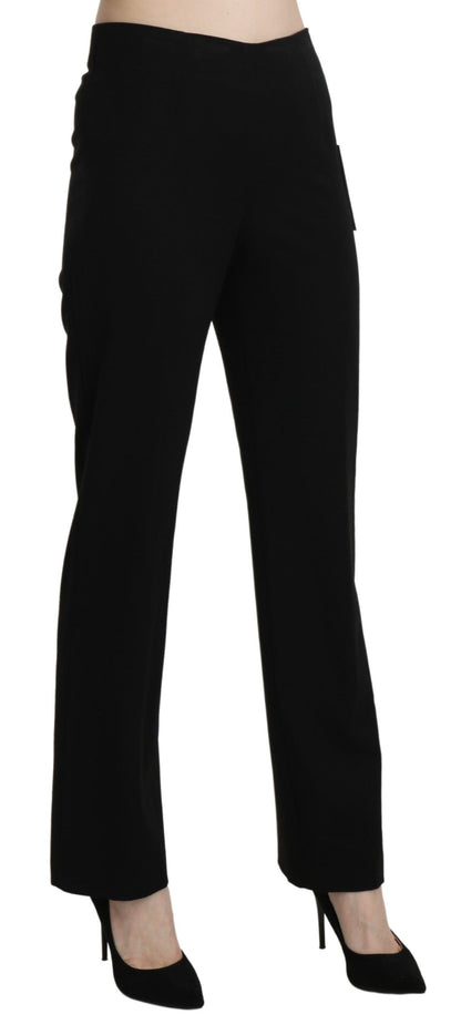 High waist straight black pants with zipper closure and logo details