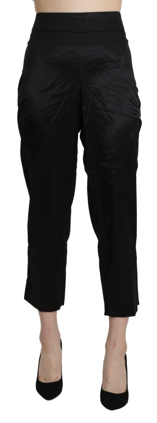 BENCIVENGA High Waist Straight Cropped Pants in Black Cotton from Italy