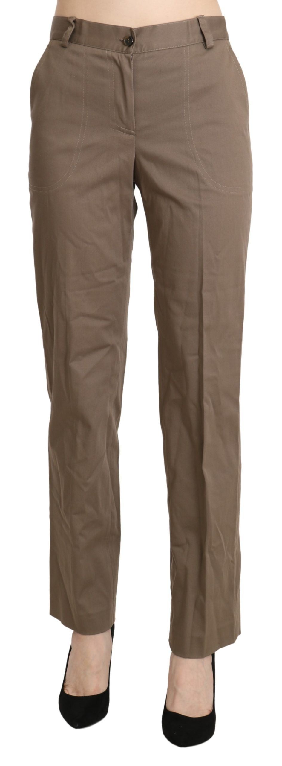 BENCIVENGA Elegant High Waist Straight Pants in Brown, front view, zipper closure, logo details