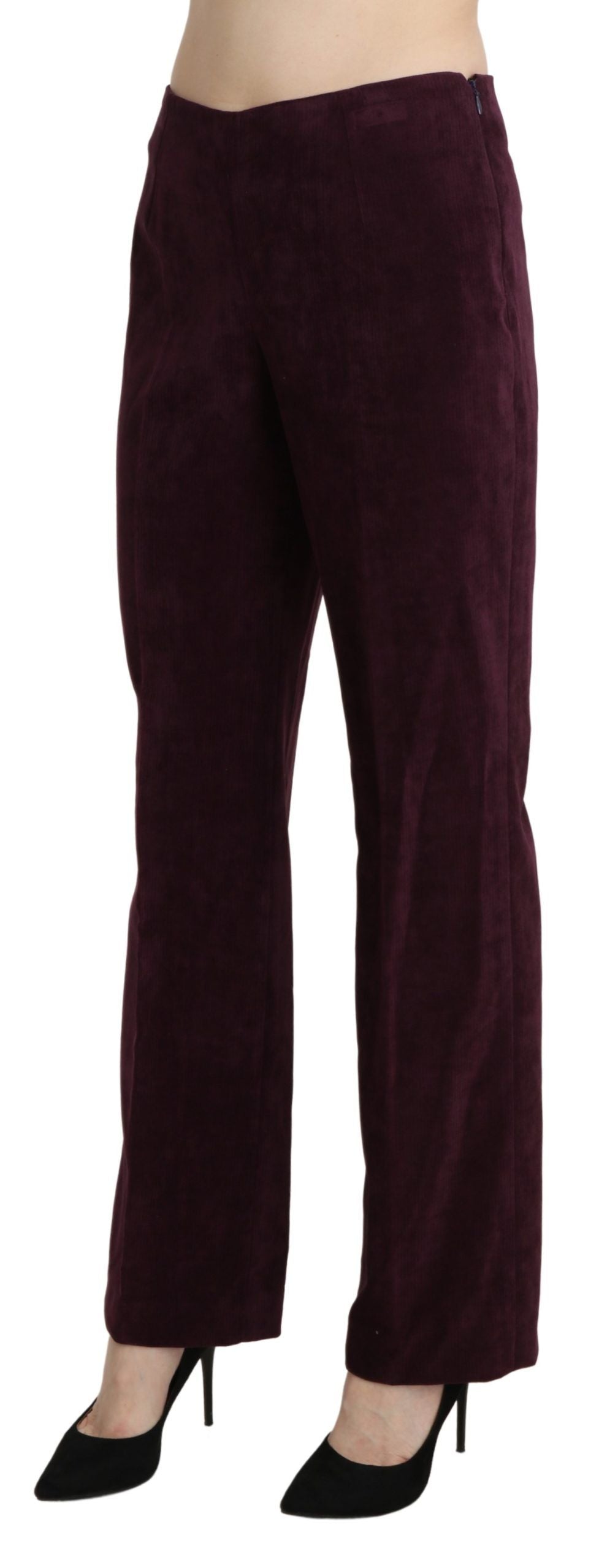 Luxurious and sophisticated purple pants with sleek zipper closure and brand logo