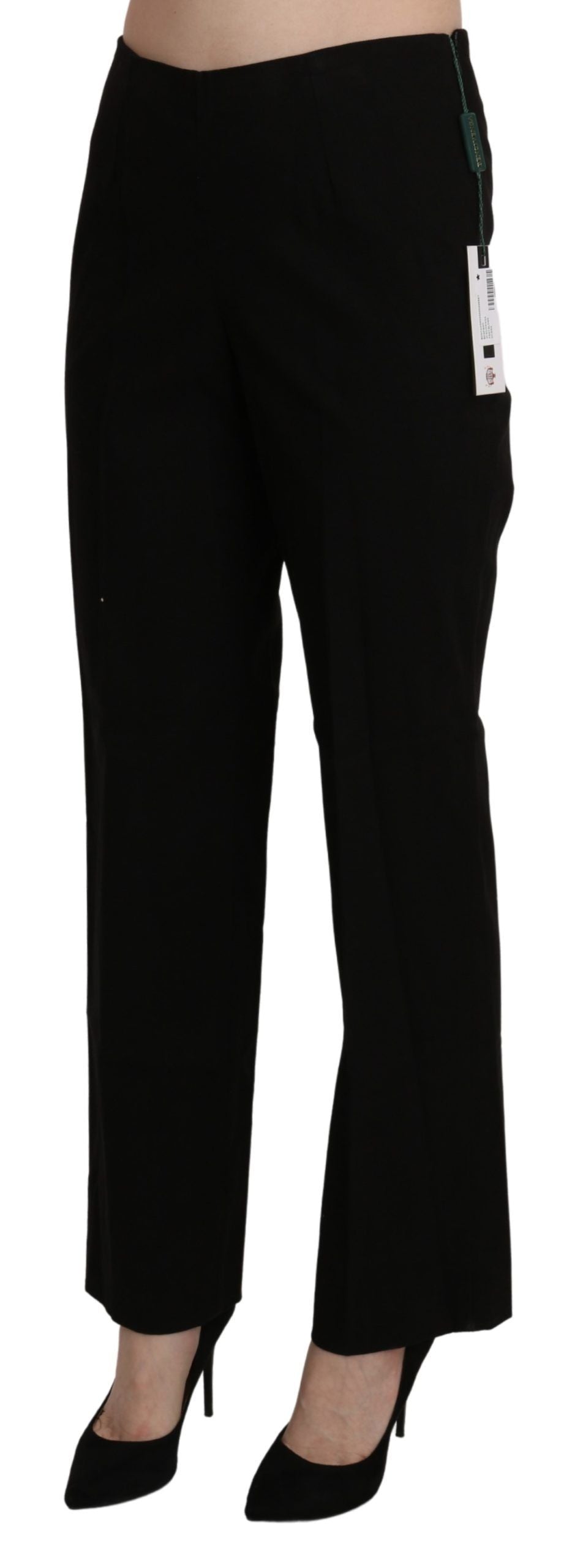 High-waist straight-cut pants with sleek zipper closure and subtle logo details