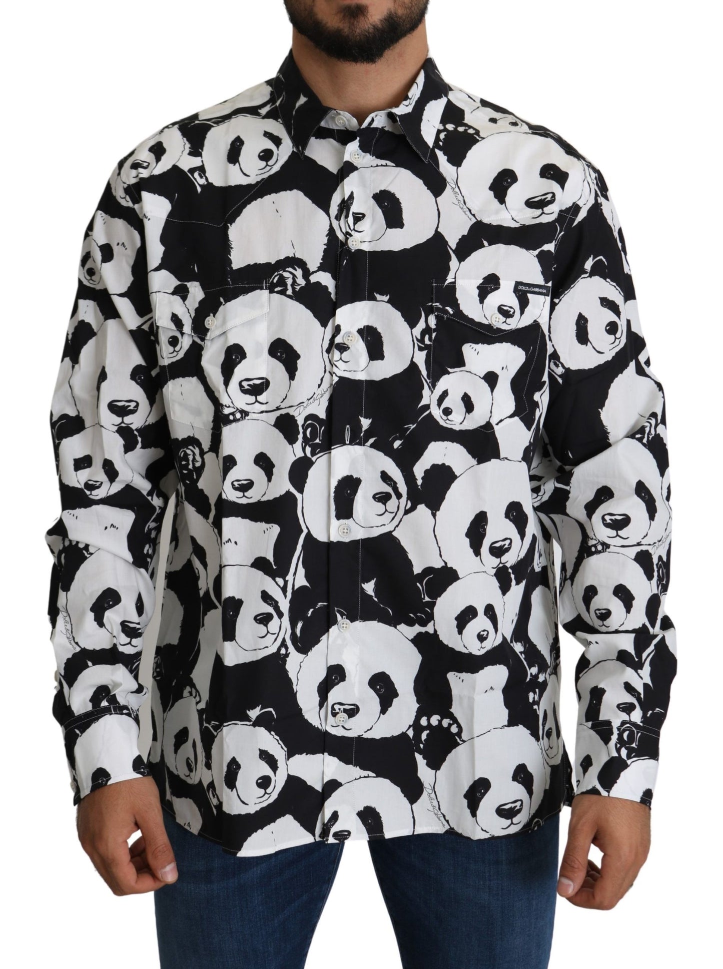 Dolce & Gabbana Black White Panda Print Pure Cotton Shirt Front View