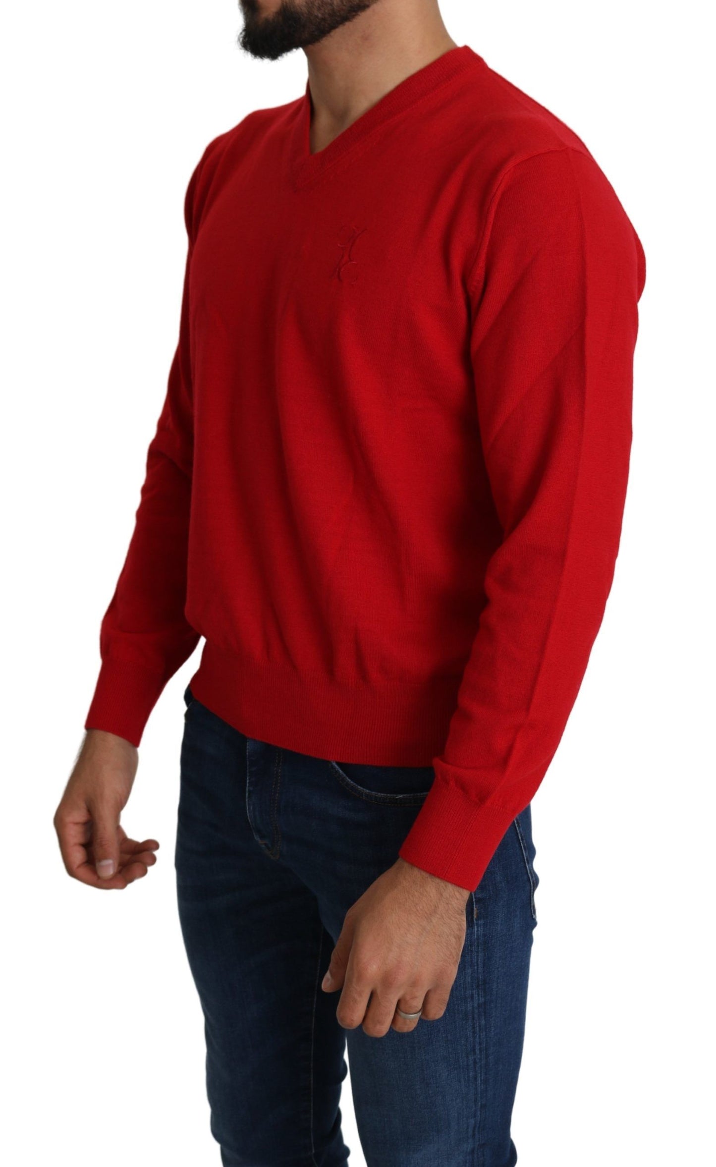 Luxury red wool sweater with iconic embroidered brand logo