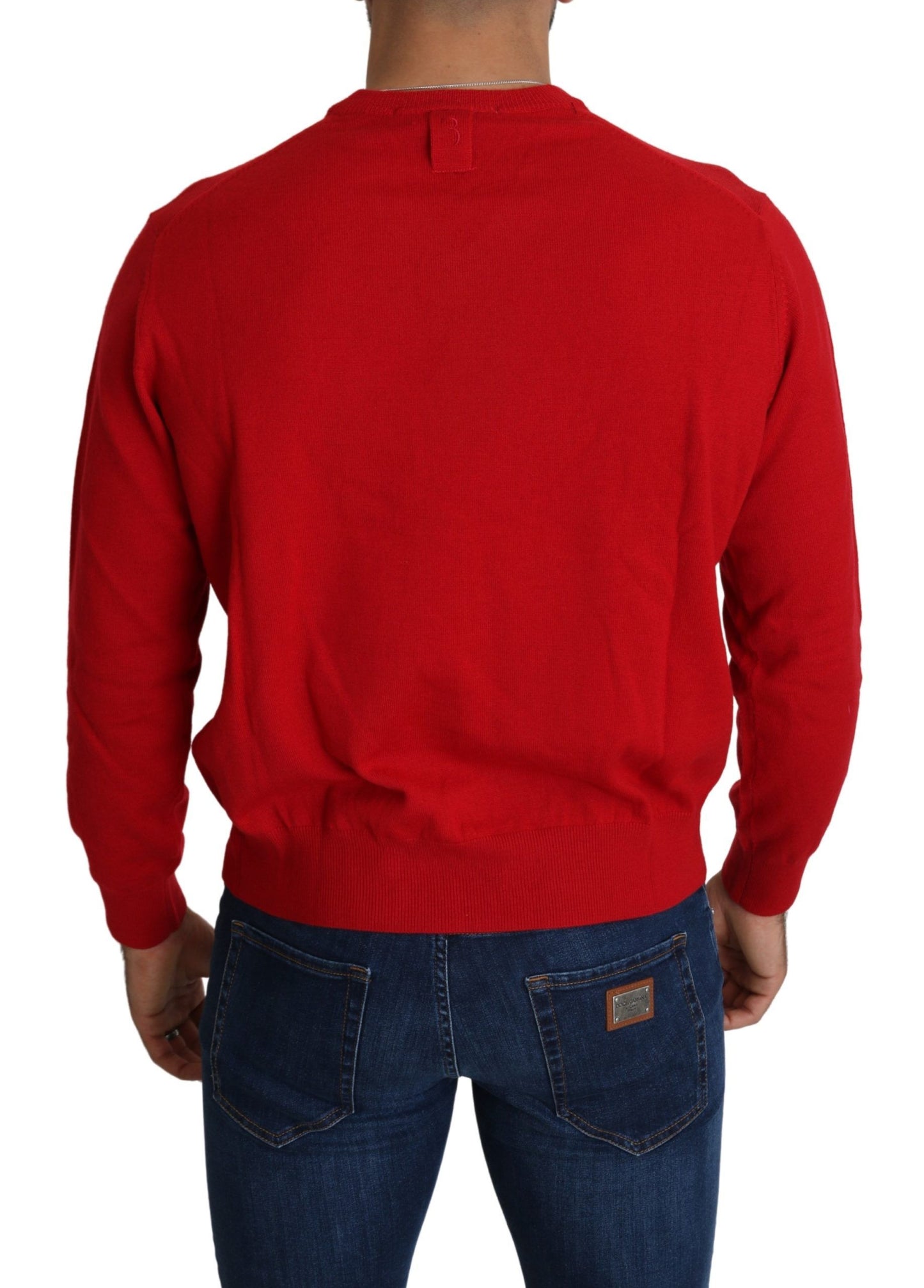 Italian-made red wool sweater with sophisticated rib knit hems