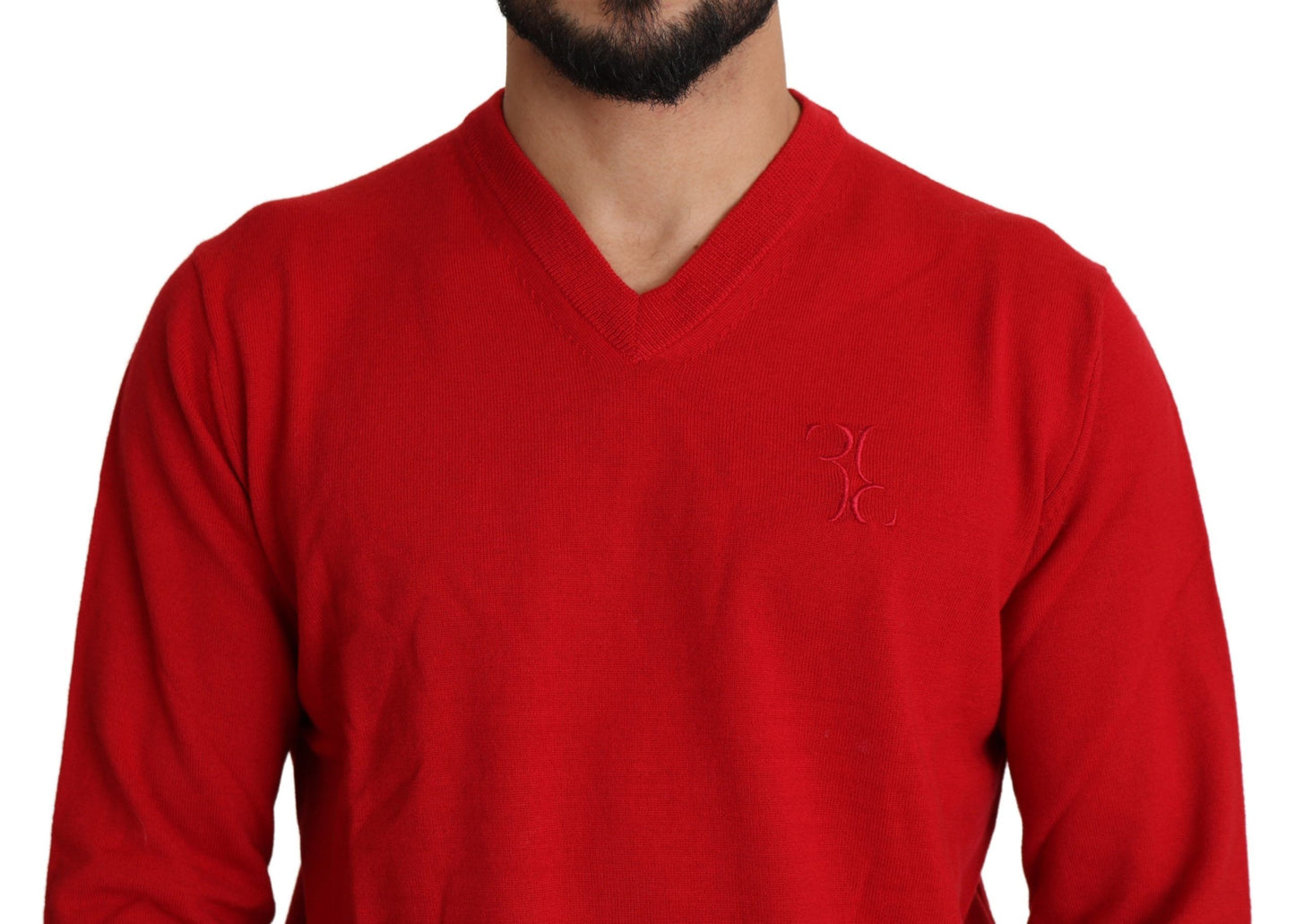Sumptuous red wool sweater featuring brand monogram on the yoke