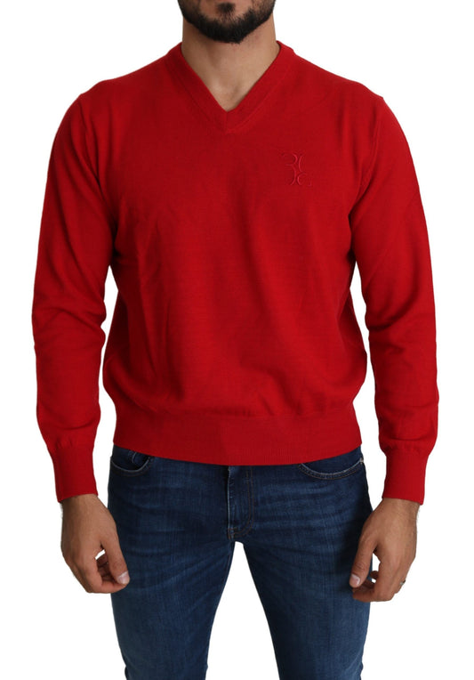 Billionaire Italian Couture Iconic Embroidered Red Wool Sweater crafted from 100% virgin wool