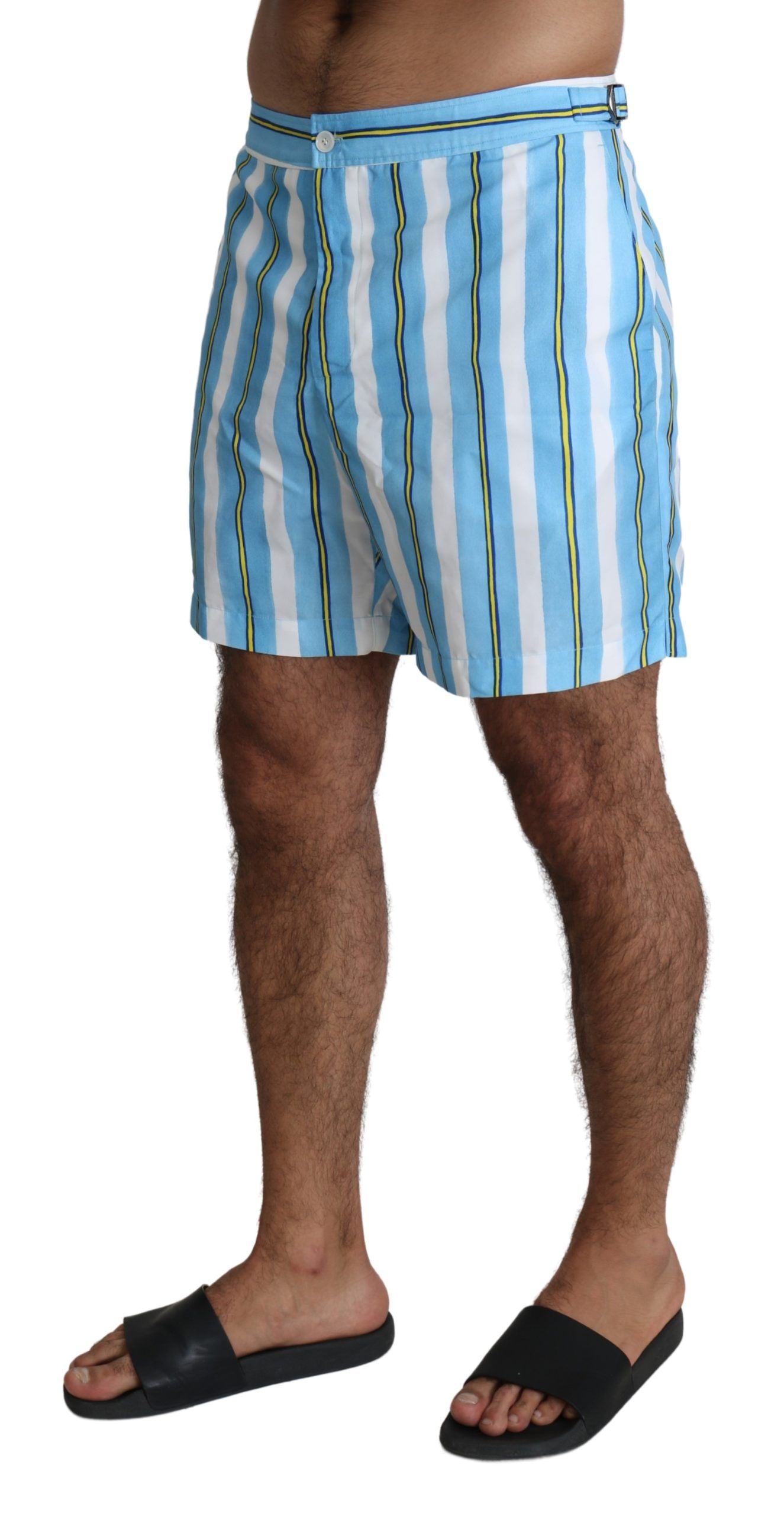 Luxurious 100% Polyester swim shorts with ample pocket space and button closure
