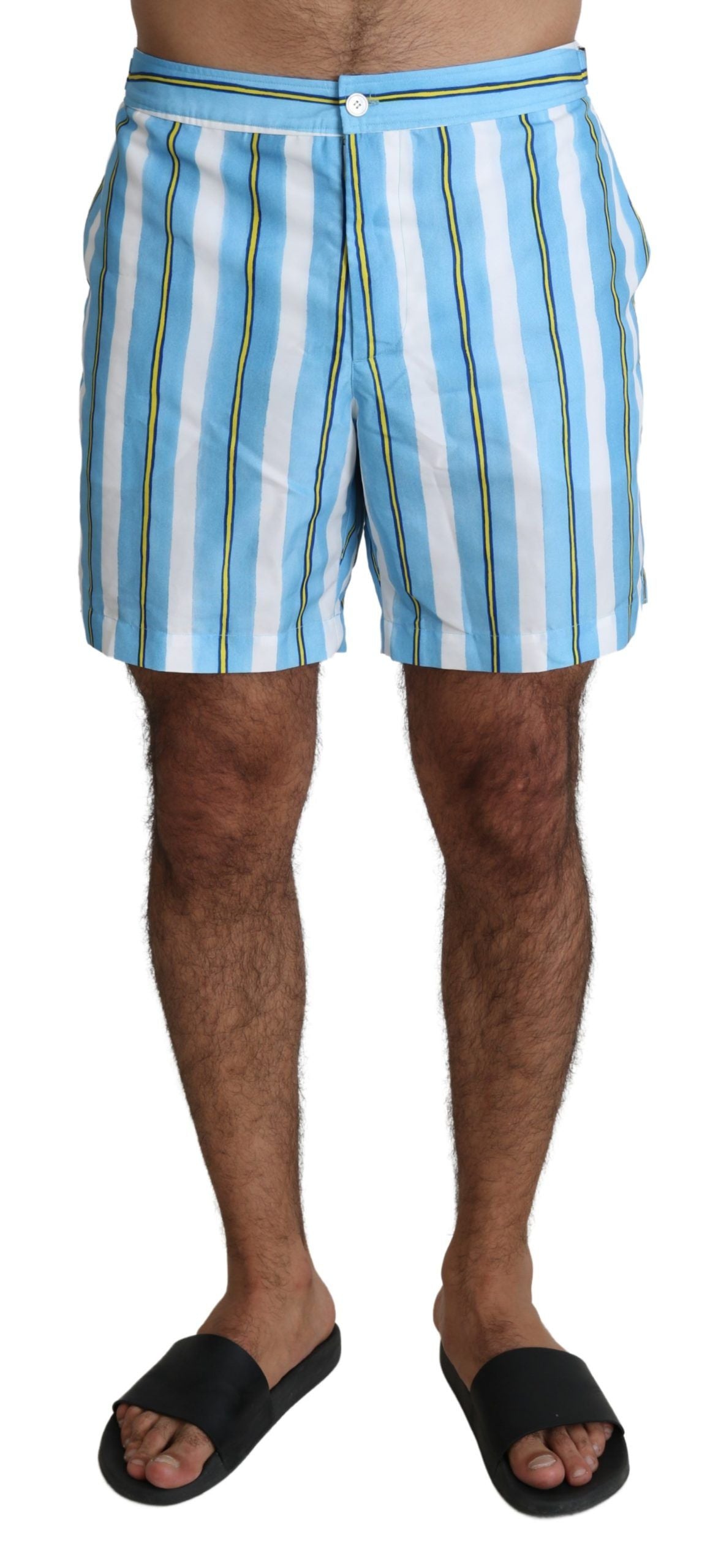 Dolce & Gabbana Striped Elegance Swim Shorts in Blue with elastic waistband and logo details
