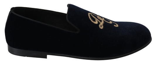 Dolce & Gabbana Elegant Blue Embroidered Loafers with Gold Logo DG Embroidery 