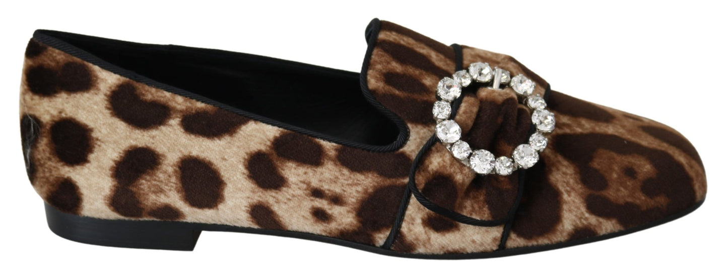 Leopard print loafers adorned with sparkling crystal gems