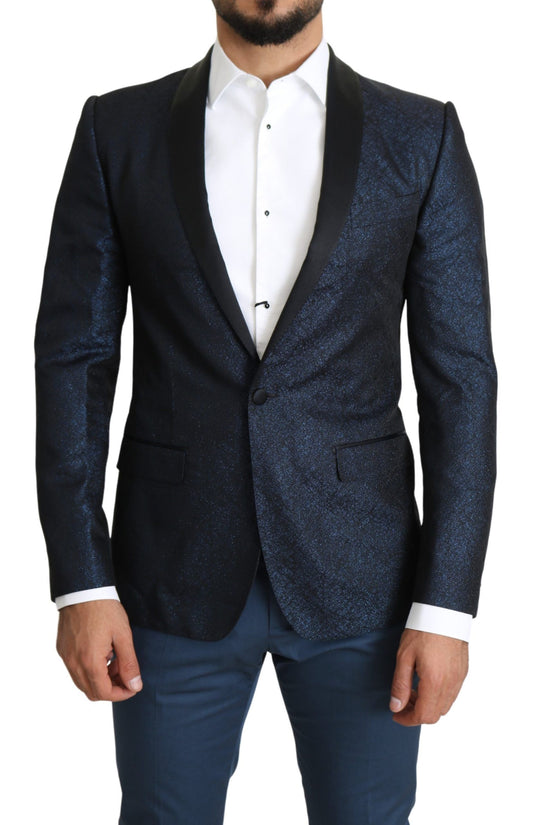 Close-up of Dolce & Gabbana Elegant Martini Blue Slim Fit Blazer with one-button closure and single-breasted style
