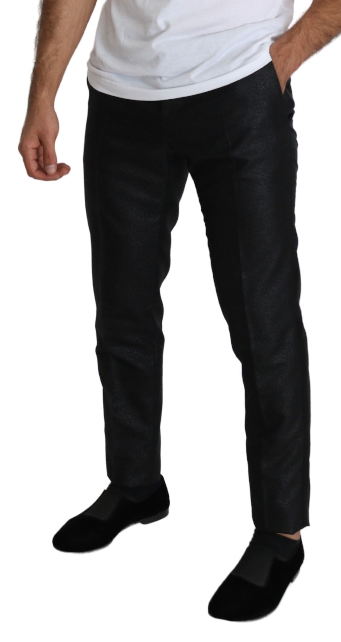 Black dress pants made with precision in Italy, featuring a blend of polyester, wool, and silk