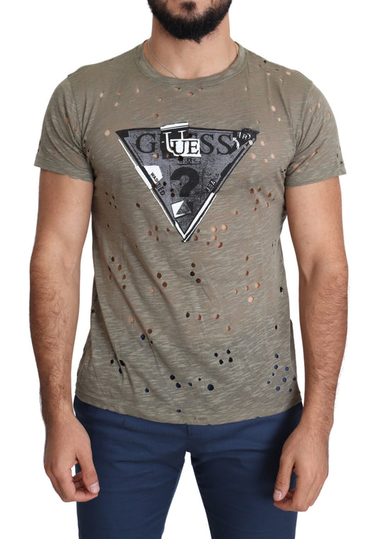 Guess Chic Brown Cotton Stretch T-Shirt with subtle logo details and round neckline