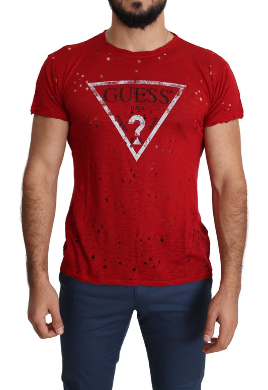 Red cotton stretch t-shirt with round neckline and short sleeves 