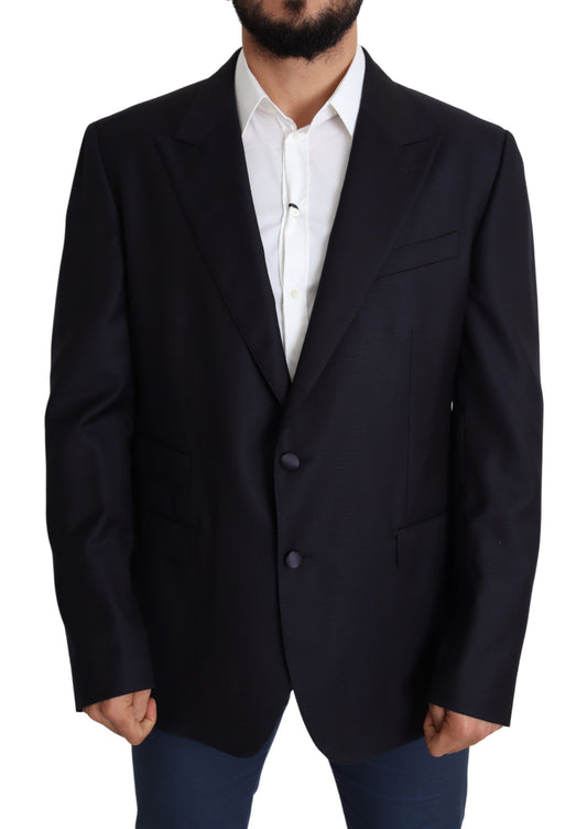 Dolce & Gabbana Elegant Black Virgin Wool Men's Blazer front view with two-button closure and four-button cuffs