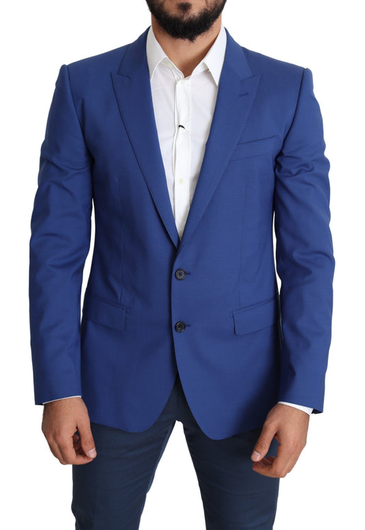 Tailored blue wool blazer with single-breasted two-button style and three external pockets