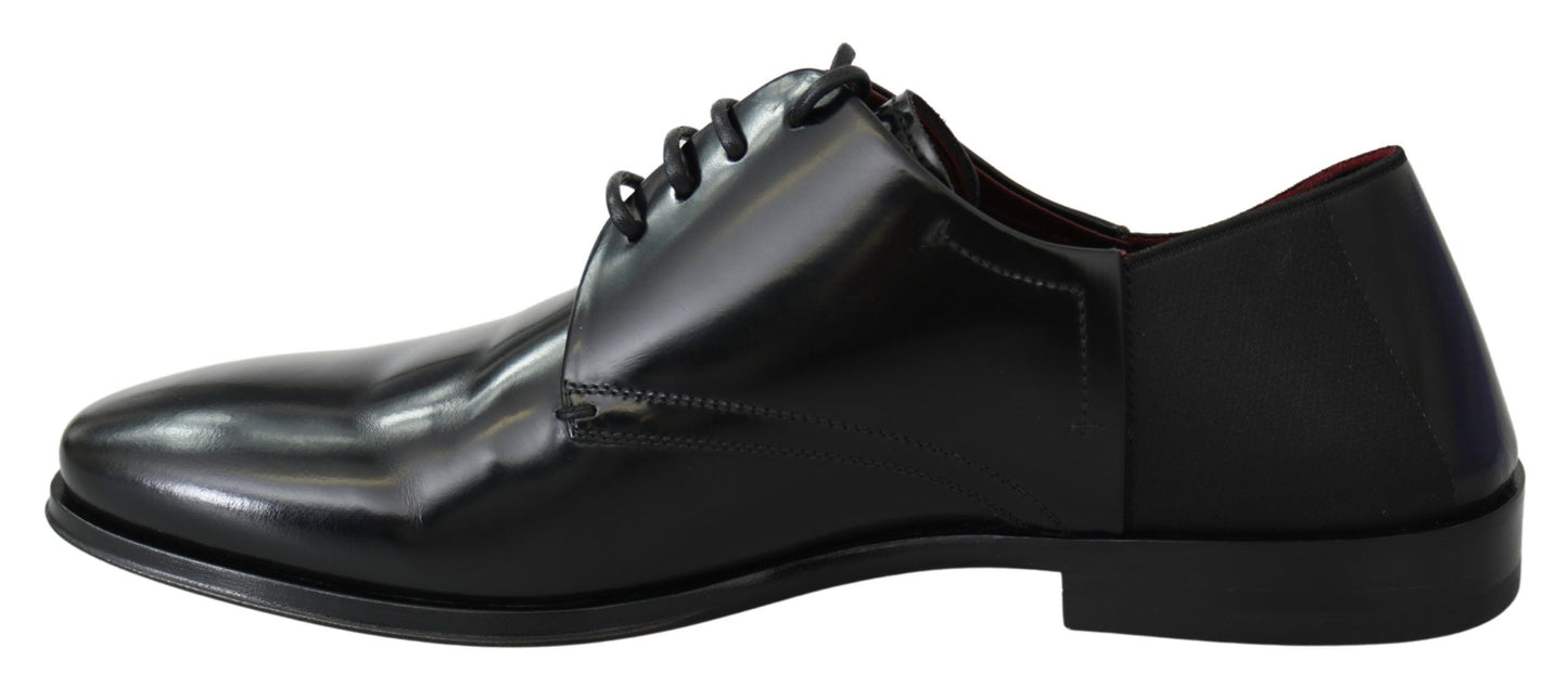 Black Leather Derby Shoes with Contrasting Maroon Leather Sole Made in Italy