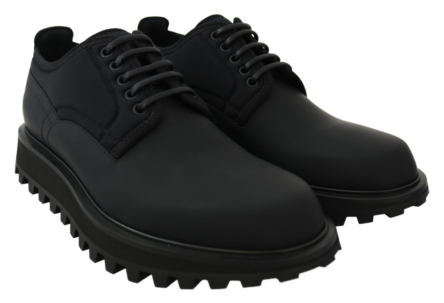 Black rubberized calfskin Derby shoes with neoprene accents and Italian craftsmanship