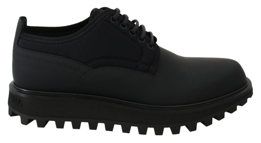 Dolce & Gabbana Elegant Black Calfskin Derby Shoes with neoprene accents and rubber sole