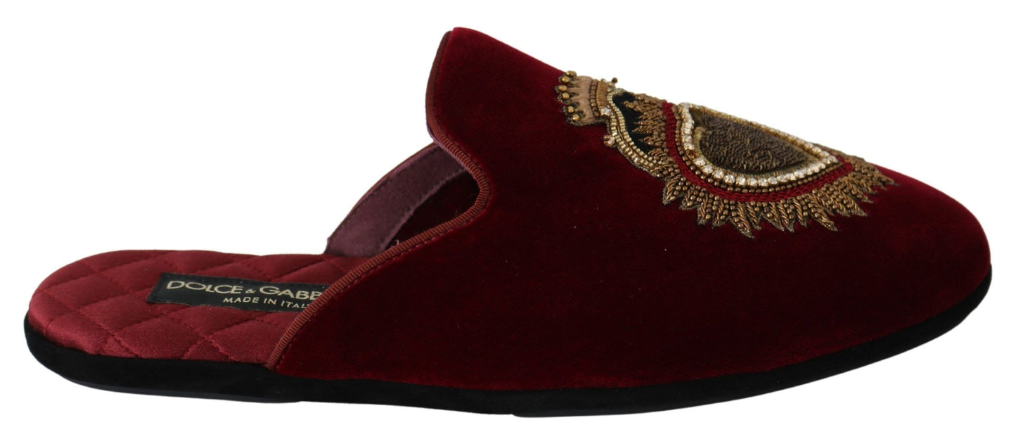 Dolce & Gabbana Red Velvet Embroidered Slides in luxurious red velvet with golden embroidered sacred heart