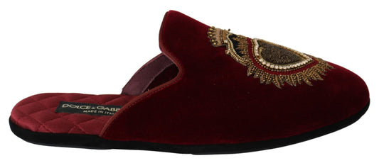 Dolce & Gabbana Red Velvet Embroidered Slides in luxurious red velvet with golden embroidered sacred heart