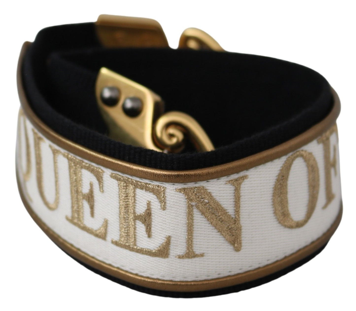 Dolce & Gabbana Queen of Love Strap Handbag Accessory in White, Black, and Gold Polyester Material with Logo Details, Made in Italy 