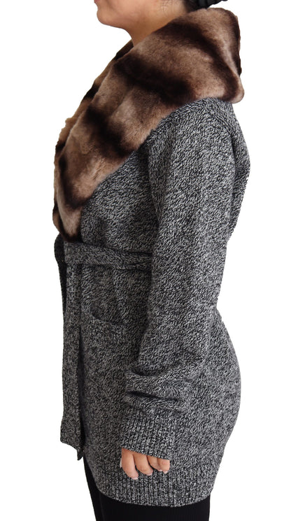 Luxurious gray cashmere cardigan with brown rabbit fur collar