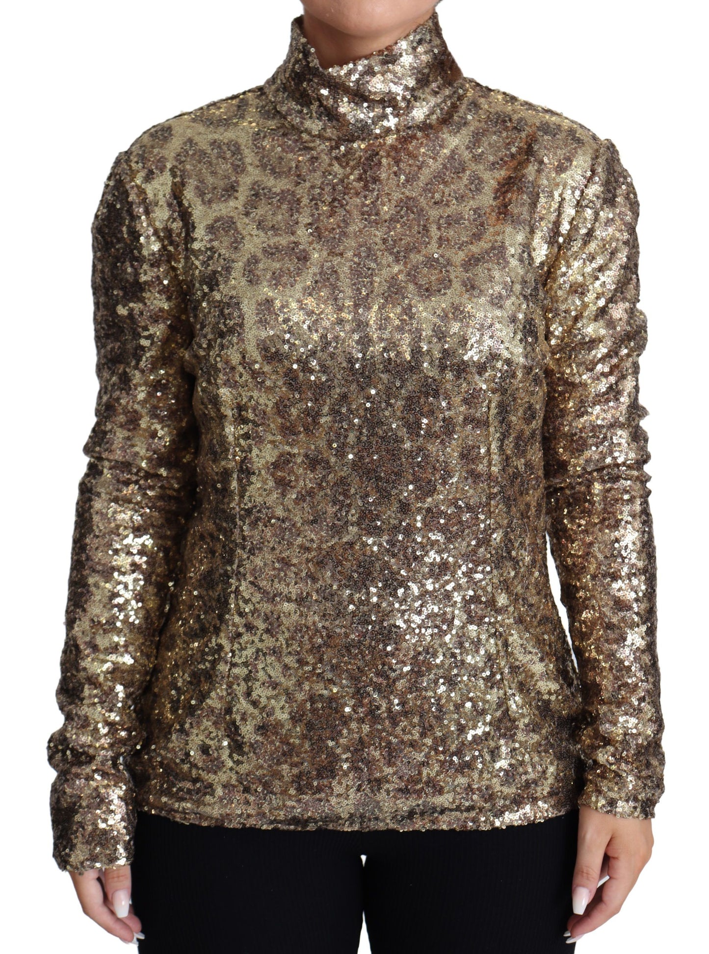 Exquisite Dolce & Gabbana brown turtleneck sweater with sequins and full zip closure