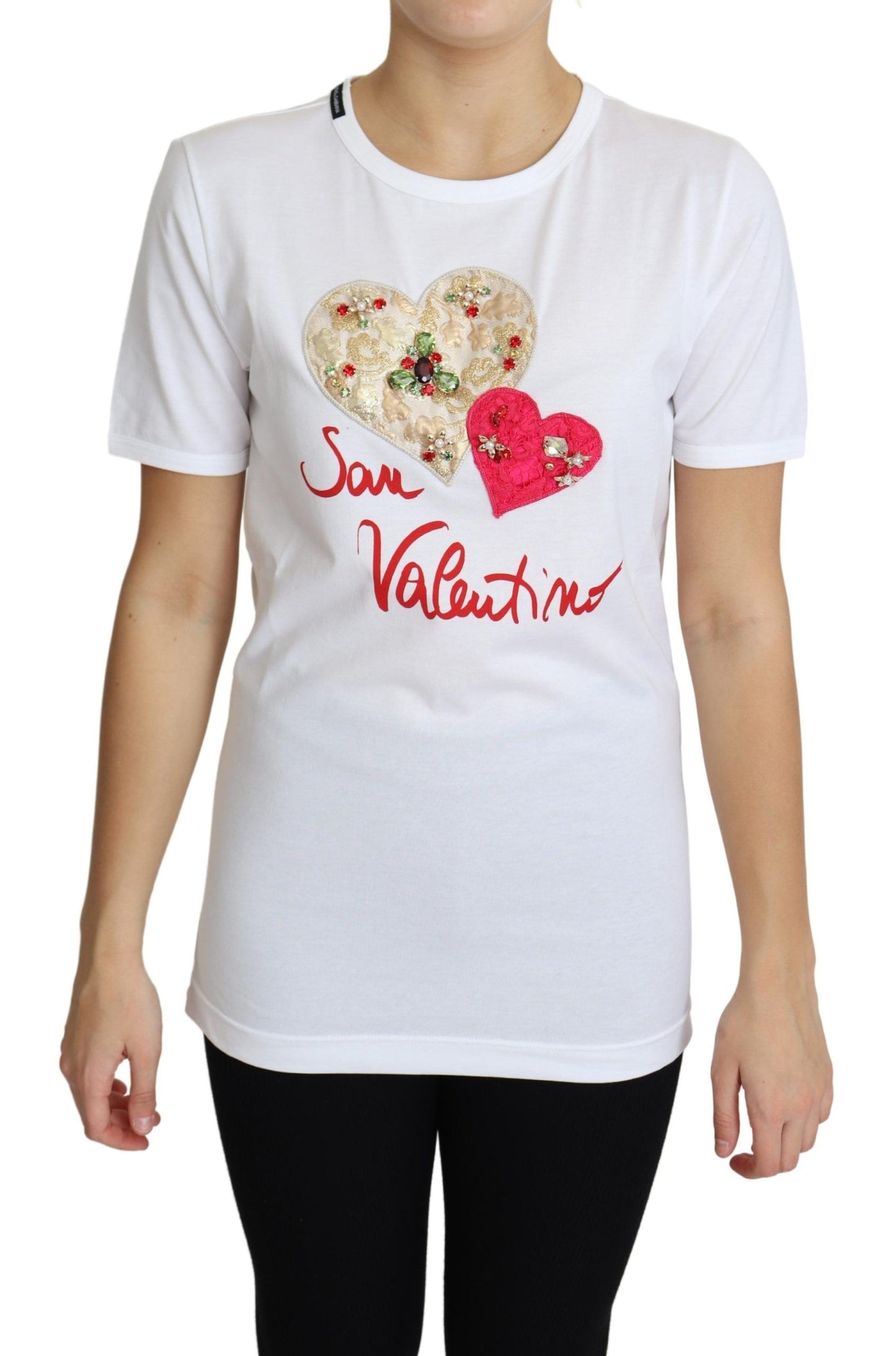 Dolce & Gabbana Crystal-Embellished White Cotton Tee with colorful crystal embellishments and printed logo