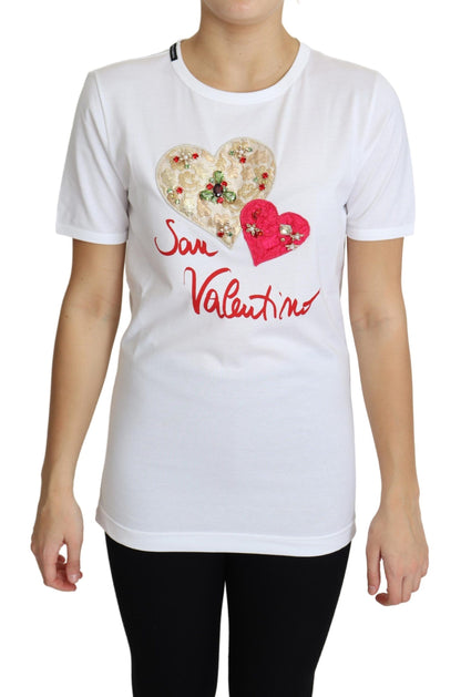 Dolce & Gabbana Crystal-Embellished White Cotton Tee with colorful crystal embellishments and printed logo