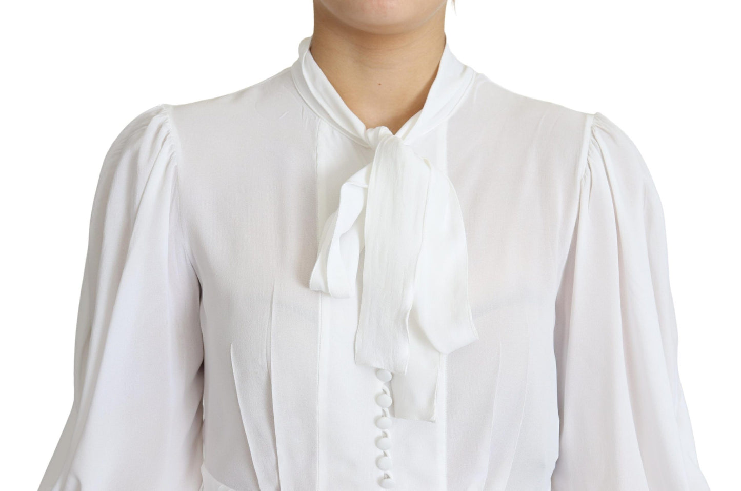 Pristine white blouse with fabric-covered button placket