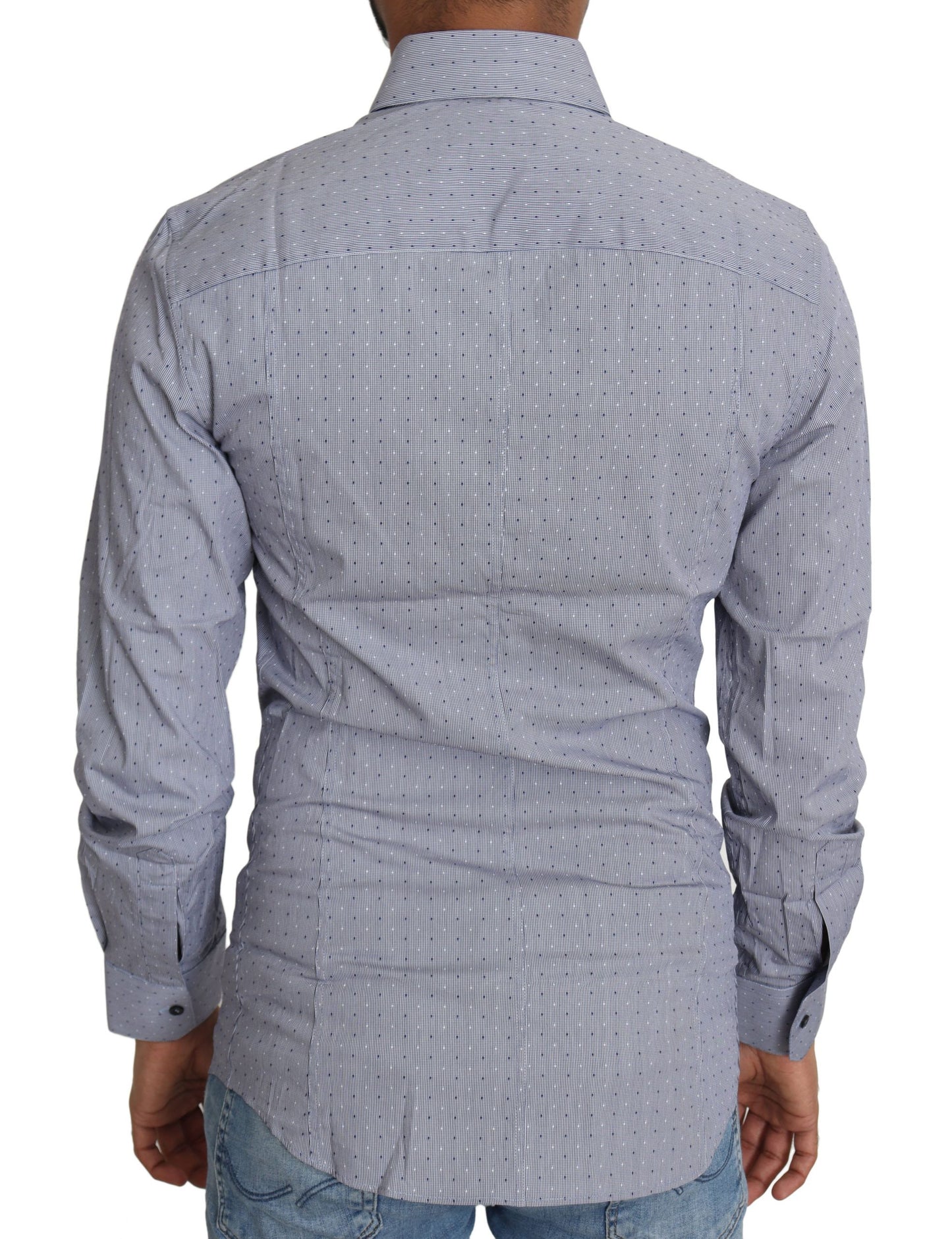 Men's long sleeve collared shirt with full button front closure and slim fit cut
